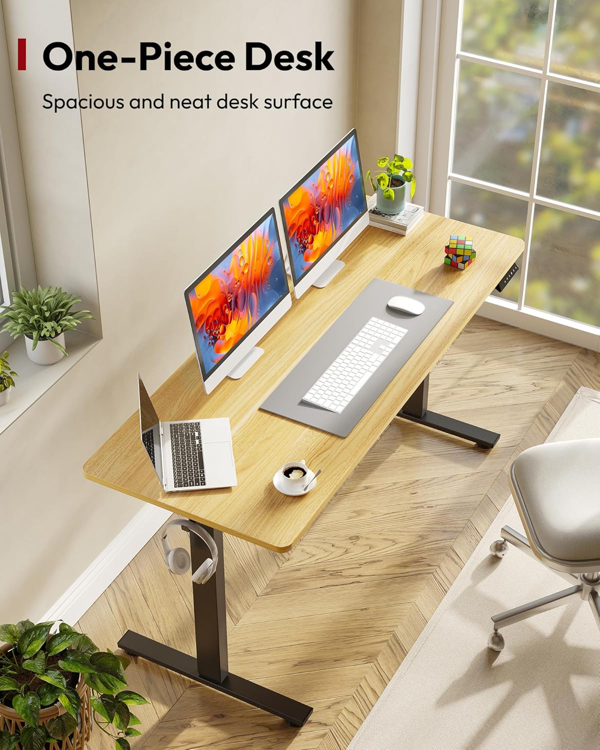 SANODESK Electric Standing Desk 60 x 24 Inches Whole-Piece Desktop Height Adjustable Stand Up Desk w/6-Button Controller Ergonomic Computer Desk for Home Office, Black Frame + Natural Tabletop