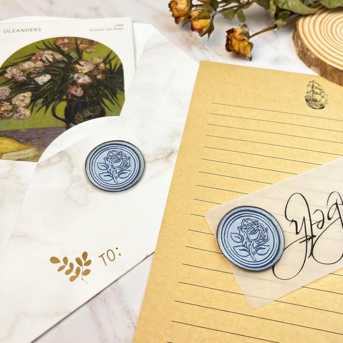 50Pcs Wax Seal Stickers Handmade Envelope Seals Self Adhesive Wax Stickers for Wedding Party Invitations, Envelope, Gift Wrap, Christmas(Rose Style, Gray Blue)