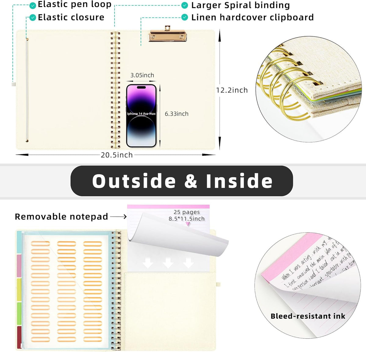Ospelelf Foldable Spiral Clipboard Folio with Storage Zipper Pouch, 5 Plastic Folders with 10 Pockets, Refillable Lined Notepad (11" x 8.5"), Linen Hardcover Project Organizer (Beige)