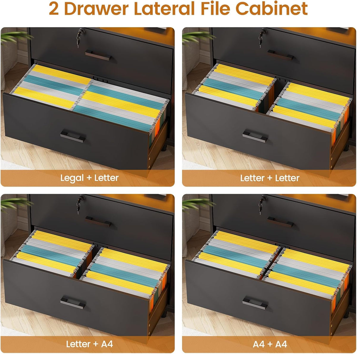 SEDETA 59" File Cabinet, 2 Drawers Filing Cabinets for Home Office fit Legal/Letter/A4 File, File Cabinet with Lock & Power Outlets, Printer Stand with Storage & LED Lights, Black