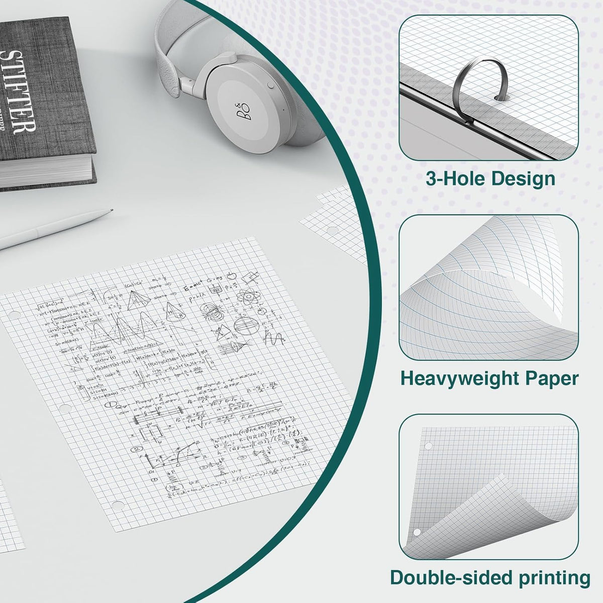 Loose Leaf Graph paper 8 x 10.5, Graph Ruled Paper, 3 Hole Punched Paper, 4 x 4 Quad Ruled Graph Paper, 10-1/2" x 8" Filler Paper Notebook Paper, 120 Sheets Graphing Paper for Business Home School