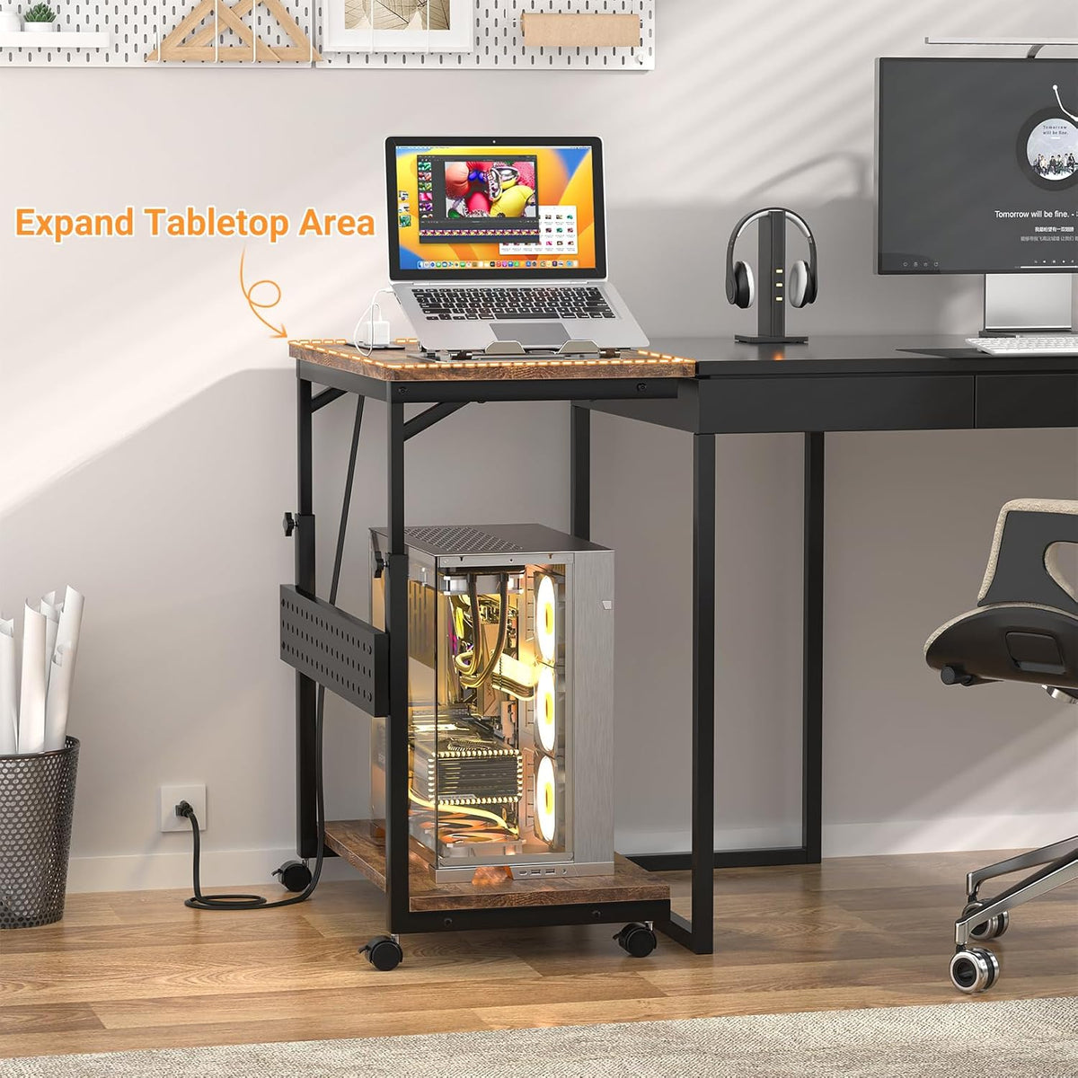Computer Tower Stand with Power Strips, 4 Levels Manual Height Adjustable PC Tower Stand for Under Desk, Mobile Rolling CPU Holder, Computer Cart with Wheels, 24", Rustic Brown