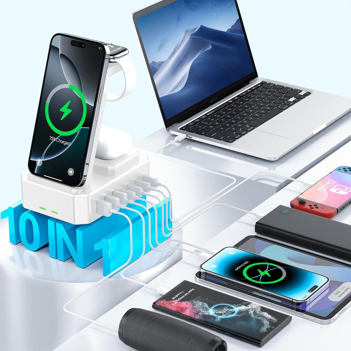 300W Charging Station for Multiple Devices Apple, Zutspzss 10 in 1 Wireless Charger for iPhone 16, GaN III USB C 65W PD Fast Charging Stand Dock for MacBook, Apple Watch&Airpods,White