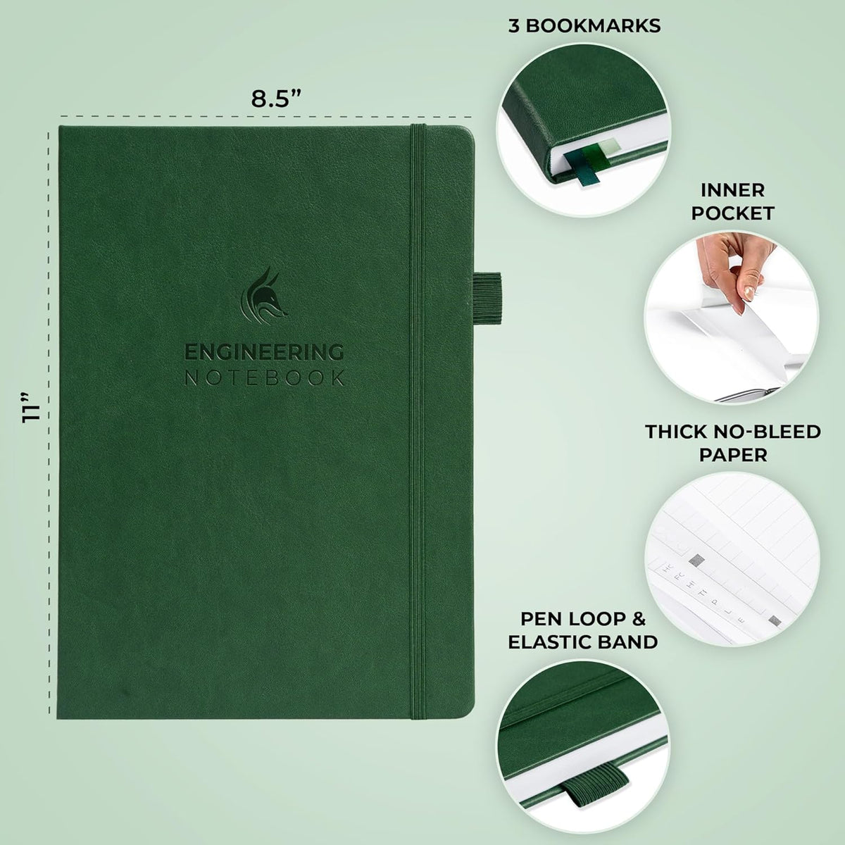 Clever Fox Engineering Notebook – Hardcover Grid Notebook with Numbered Pages, Table of Contents – Patent, Lab & Invention Journal for Engineers & STEM (Dark Green)