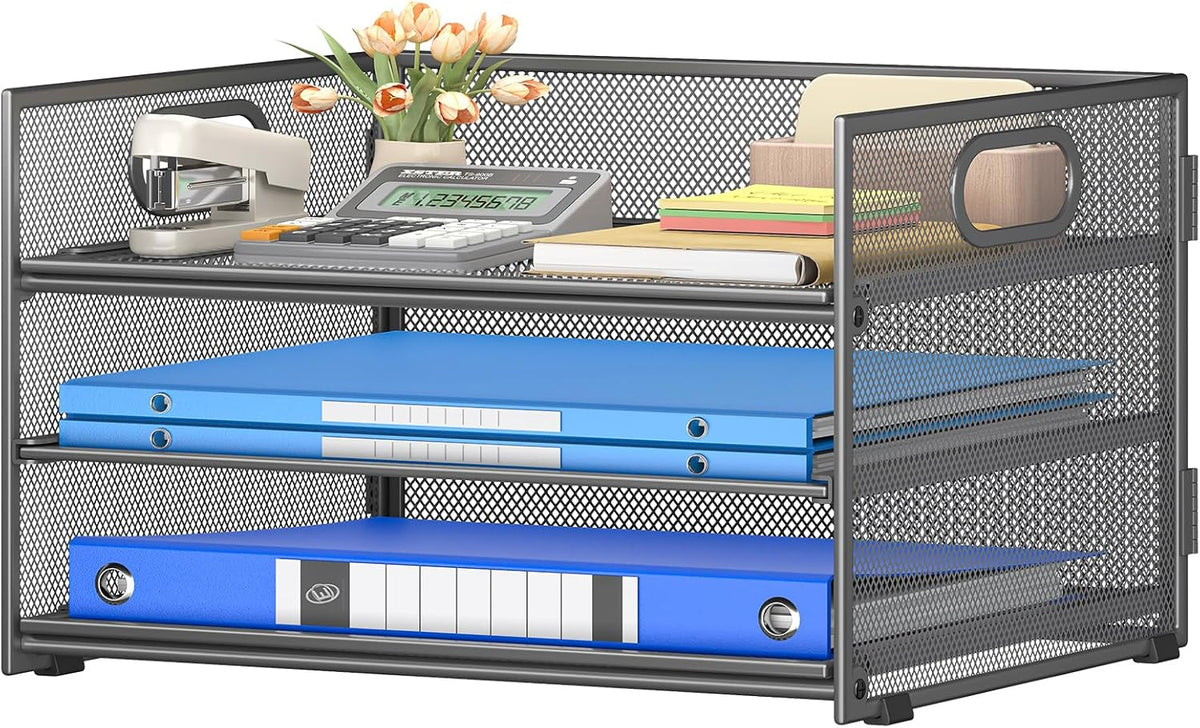 Subekyu 3 Tier Paper Letter Tray Organizer for Desk, Gray Metal Mesh Desk File Folder Sorter Organizer with Handle and Sliding Tray for Home, Office, School Supplies Organization Storage