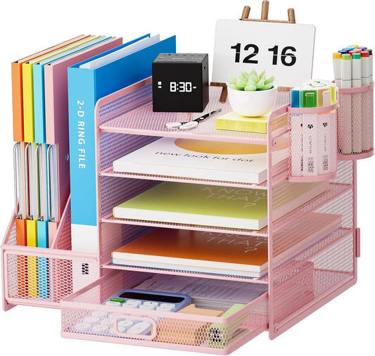 Marbrasse Desk Organizer with File Holder, 5-Tier Paper Letter Tray Organizer with Drawer and 2 Pen Holder, Mesh Desktop Organizer and Storage with Magazine Holder for Office Supplies(Pink)