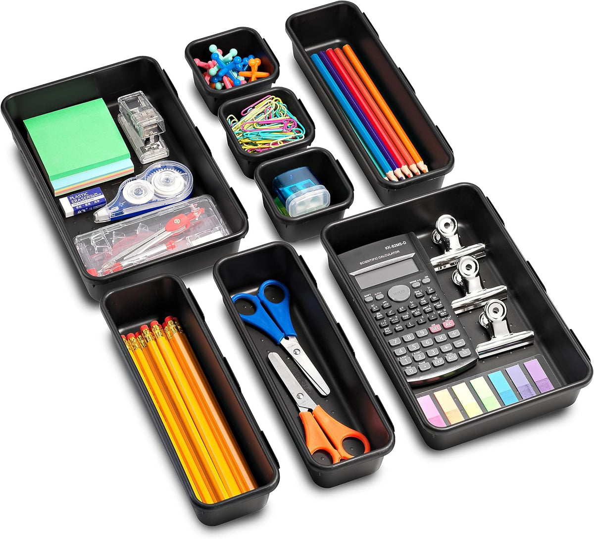 Masirs Interlocking Drawer Organizer Bins, Durable Plastic, Various Sizes for Custom Layout Design, Great for Desk Drawer, Tool Box or Garage Organization, (Black | 8-Piece Set)