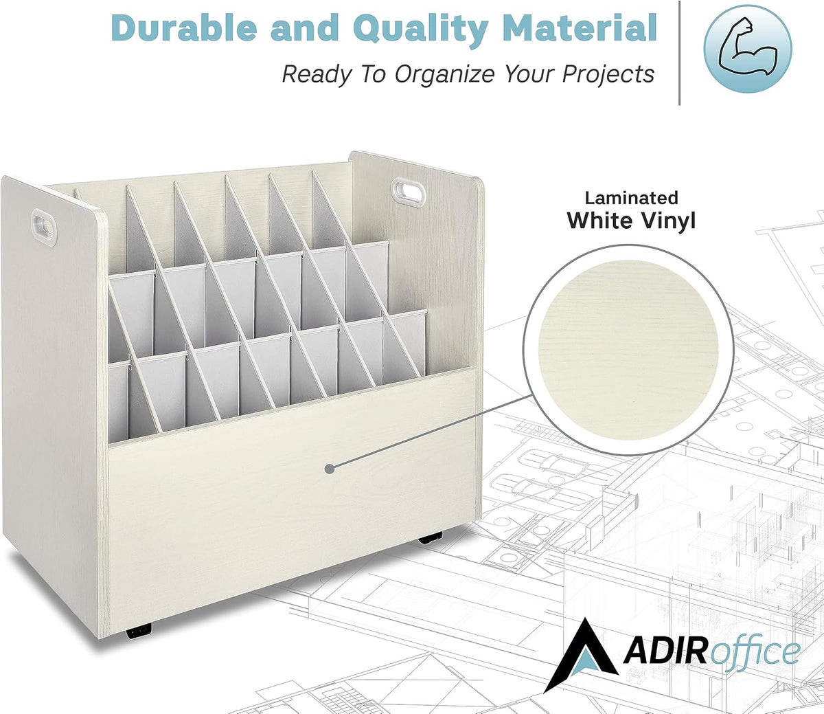 Adir Blue Print Storage Organizer - Mobile Roll File Cart, Construction Plan Holders, Blueprint Cabinet with Wheels, Roll Files Storage for Office and Home (21 Slots, White)