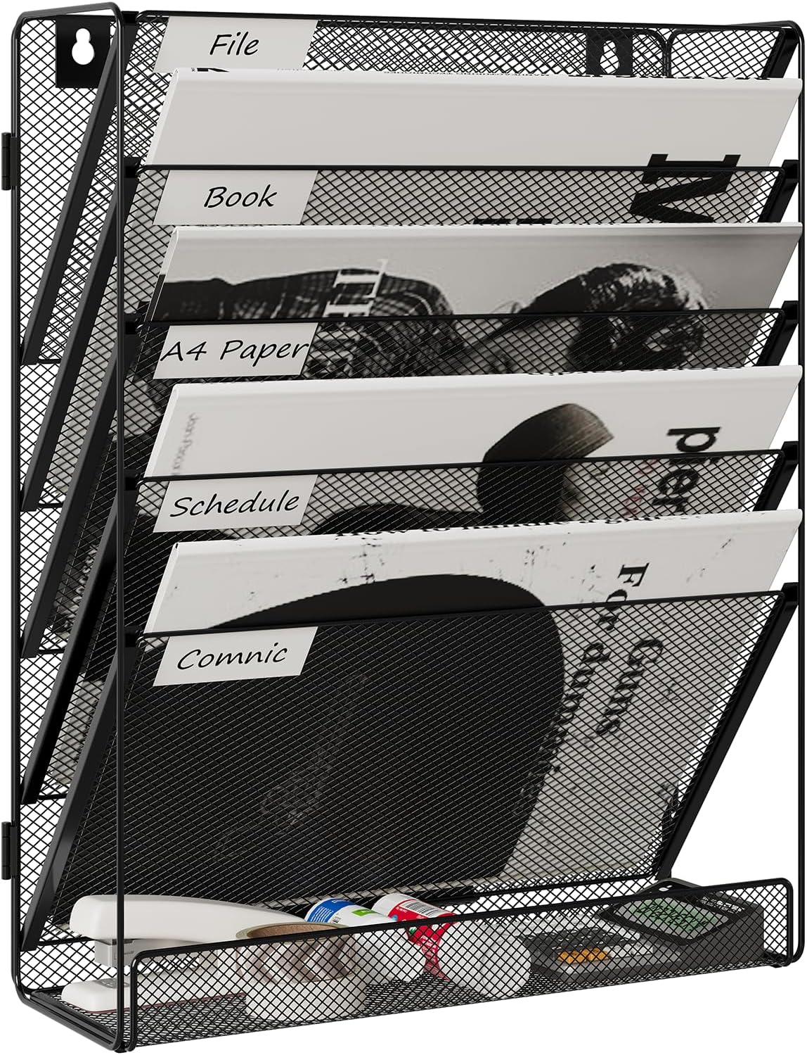 6 Tier File Wall Mounted Magazine Rack with Tray Mesh A4 Paper Organiser Mail Holder Storage No-Side, Black