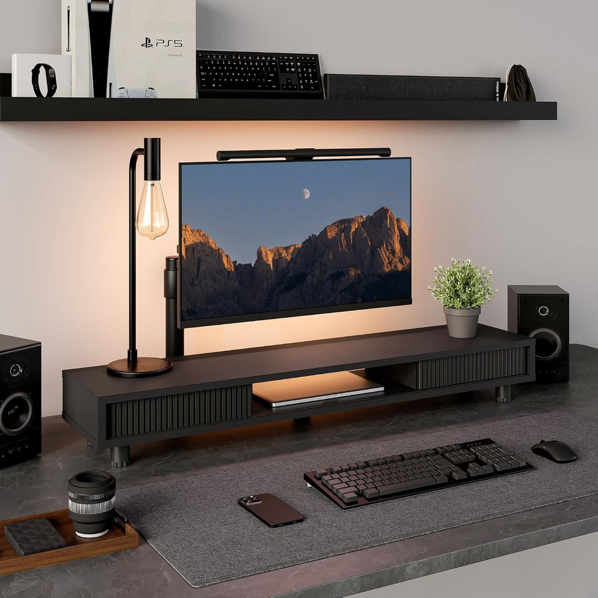 Fenge Dual Monitor Stand, 42.5inch Long Monitor Stands Riser for 2 Monitors, Sliding Door with Storage Organizer Stand for Desk, 2 Tier Desk Shelf for Laptop, Pc, Printer, Computer, TV