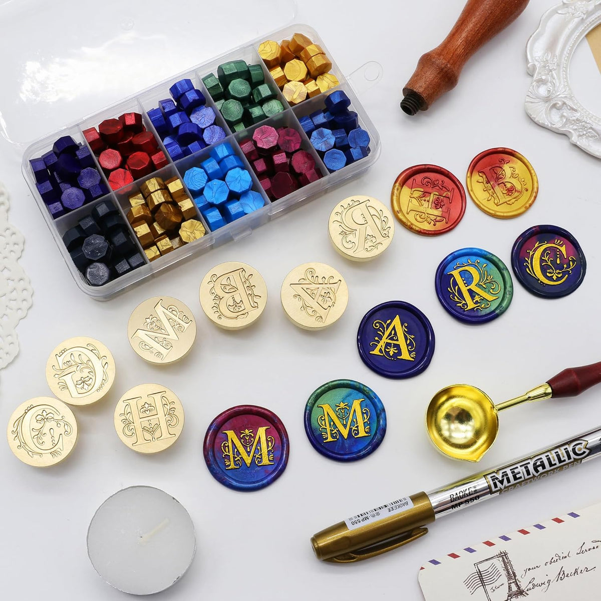 SWANGSA Initial Alphabet R Wax Seal Stamp Kit, Classic Retro Letter Sealing Stamp with 200pcs Sealing Wax Beads Kit for Wedding Invitations Cards Envelopes (R)