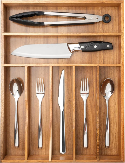 Silverware Organizer Acacia Kitchen Drawer Organizer Utensil Organizer Silverware Holder Cutlery Organizer in drawer Flatware Organizer Tray (Acacia 7 Slots)