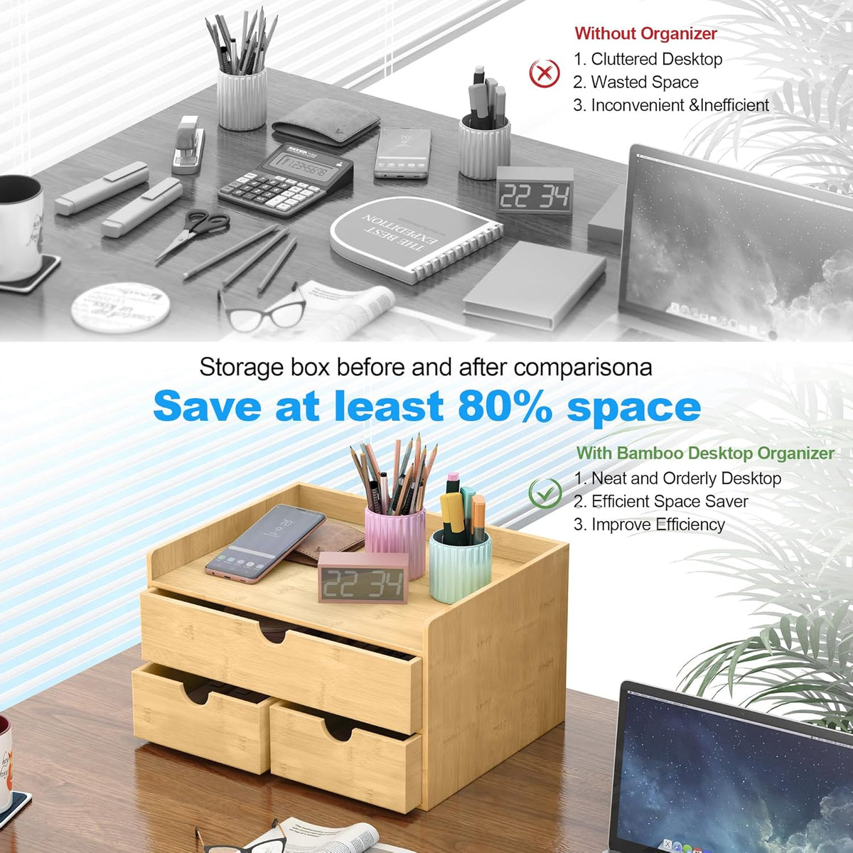 Bamboo Desk Drawer Organizer, Large Desktop Organizer with Drawers Tabletop Storage Organization Box for Office Home Toiletries Supplies Vanity, No Assembly Required (3 Drawer with Shelf)