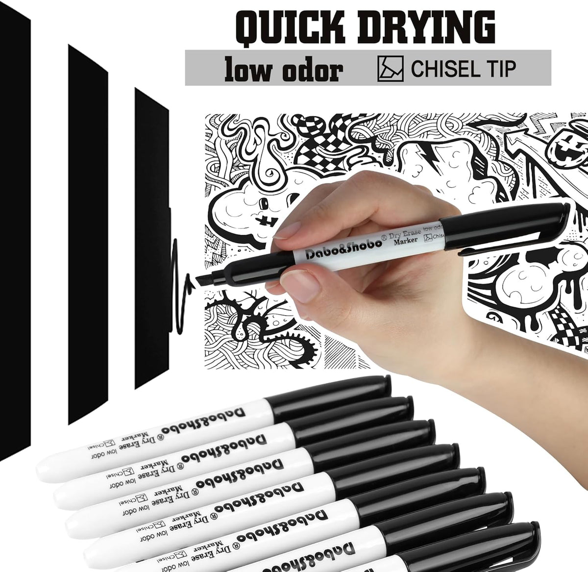 Dabo&Shobo Dry Erase Markers Bulk, 120 Count Black Whiteboard Markers, Low Odor Dry Erase Markers, Chisel Tip, Suitable for School, Office, or Home