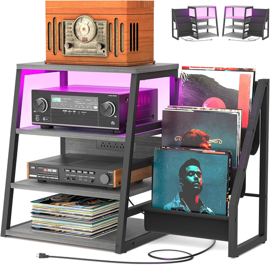 AV Media Stand with Outlets, Stereo Stands and Racks with Vinyl Storage, Stereo Stand with Record Storage, Audio Stereo Rack Cabinet, Turntable Console Stand with LED lights, 4 Tiers, Walnut Grey