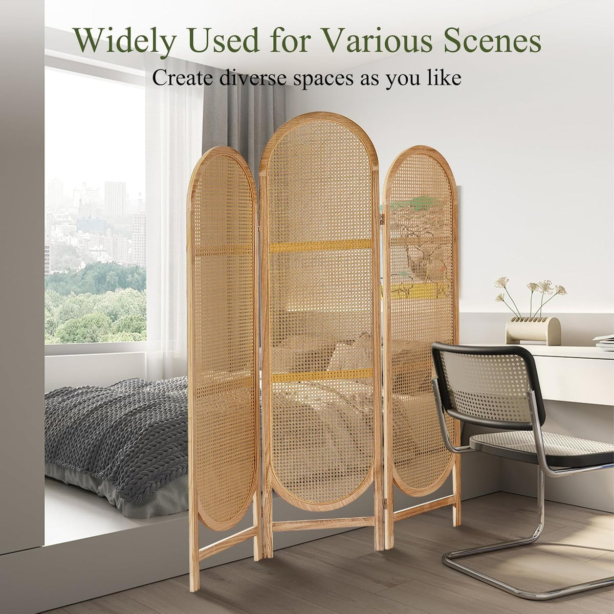 Room Divider Panel, 3 Panel Roomdivider Wall, Wood Room Dividers and Folding Privacy Screens, Rattan Partition Room Dividers, Privacy Dividers for Rooms, Bedroom, Dining Room, Light Brown