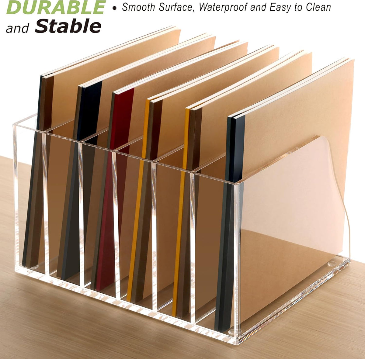 SANRUI Acrylic Desk File Organizer, 6 Vertical Compartments Clear Magazine File Holder Workspace Sorters, Folder Rack for Office Accessories Organization Storage
