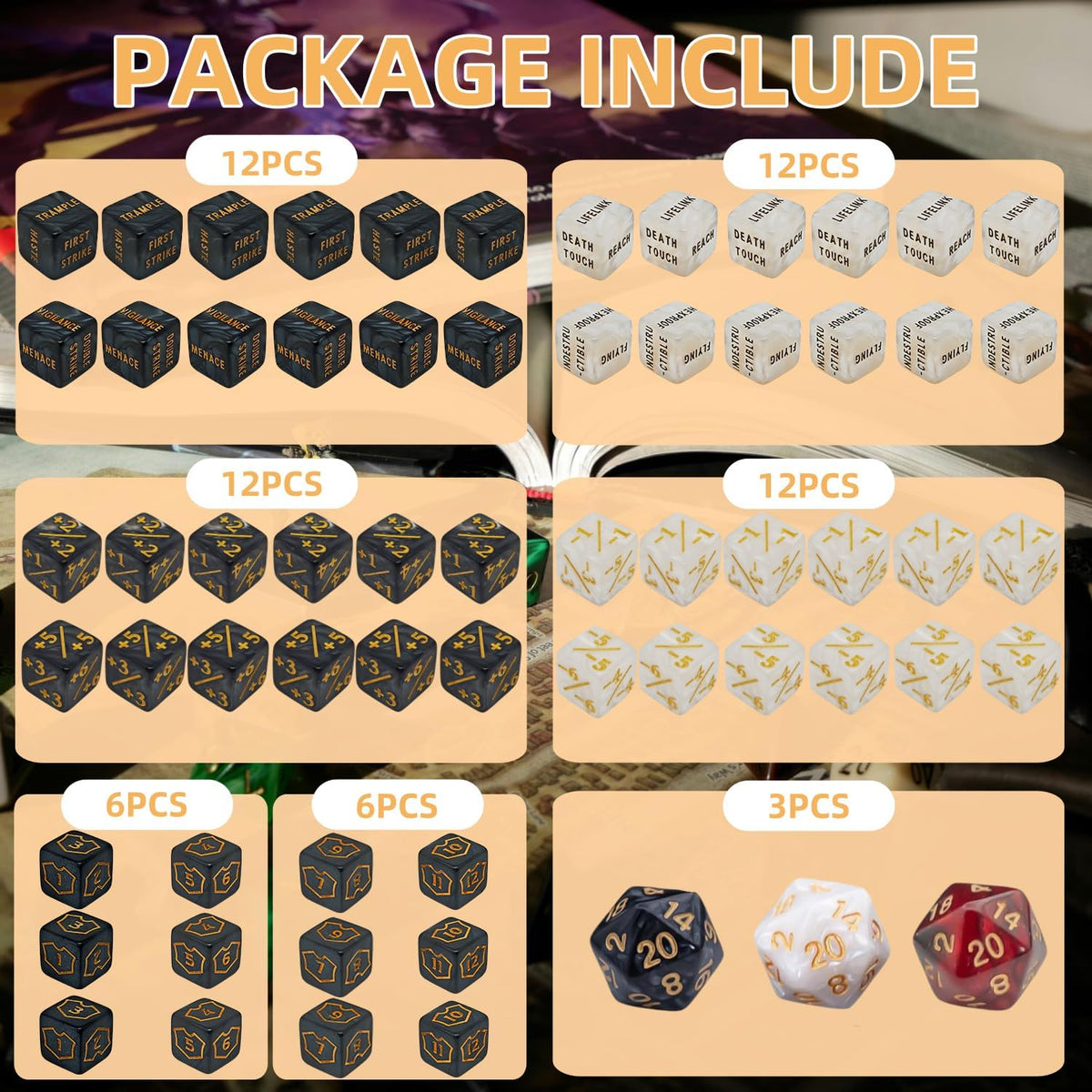 63 PCS MTG Counter Dice Set - AbilityKeyword Counters, -1/+1 Life Counter, Shield Life Counter Dice, Creature Stat Buffs, Marble Colour D6 Cube Dice, for MTG, TCG, Card Games (Includes Black Bag)