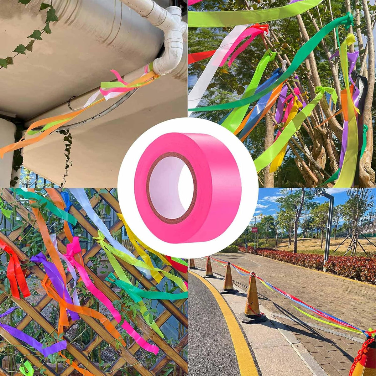 6 Pack Pink Flagging Tape, Non-Adhesive Plastic Ribbon Neon Marking Roll, 1inch*600ft, Marking Tape for Tree Marking, Hunting, Boundaries and Hazardous Areas,Trail Marking