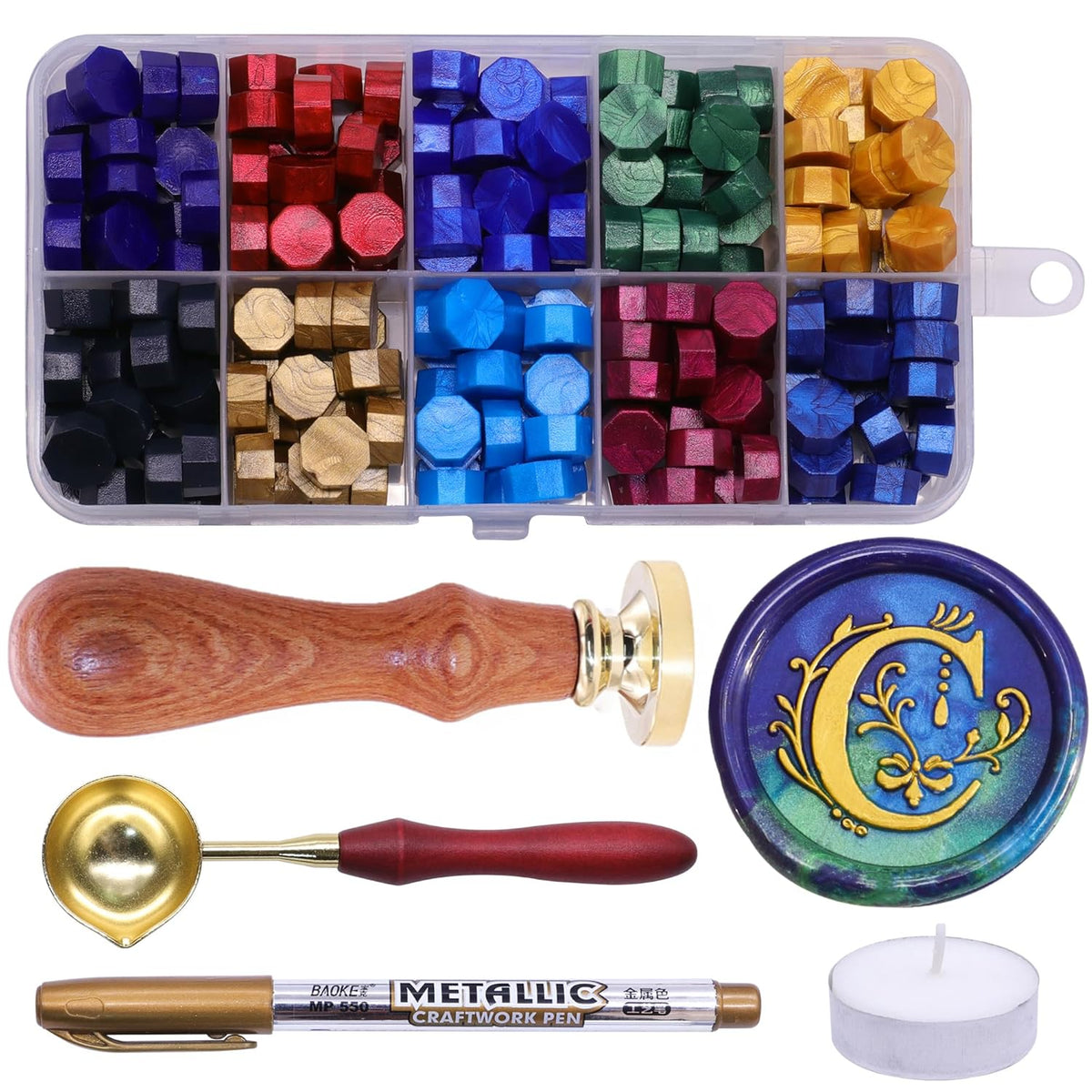 SWANGSA Initial Alphabet C Wax Seal Stamp Kit, Classic Retro Letter Sealing Stamp with 200pcs Sealing Wax Beads Kit for Wedding Invitations Cards Envelopes (C)