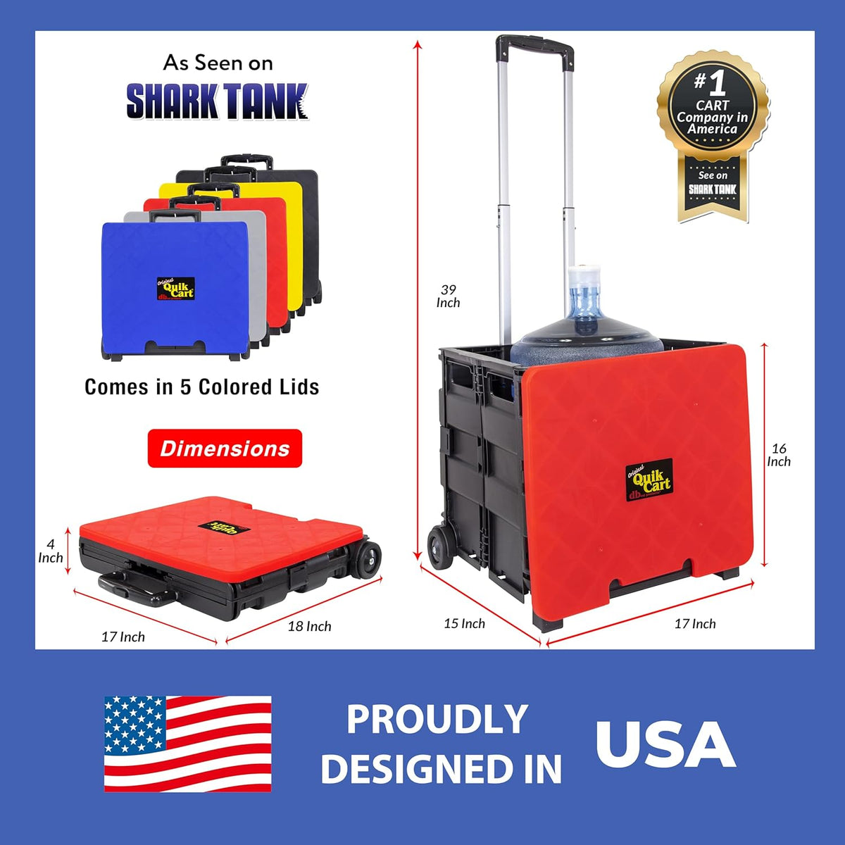 dbest products Quik Cart Collapsible Rolling Crate on Wheels for Teachers Tote Basket 80 lbs Capacity, Made from Heavy Duty Plastic and used as a Seat, Standard, Red