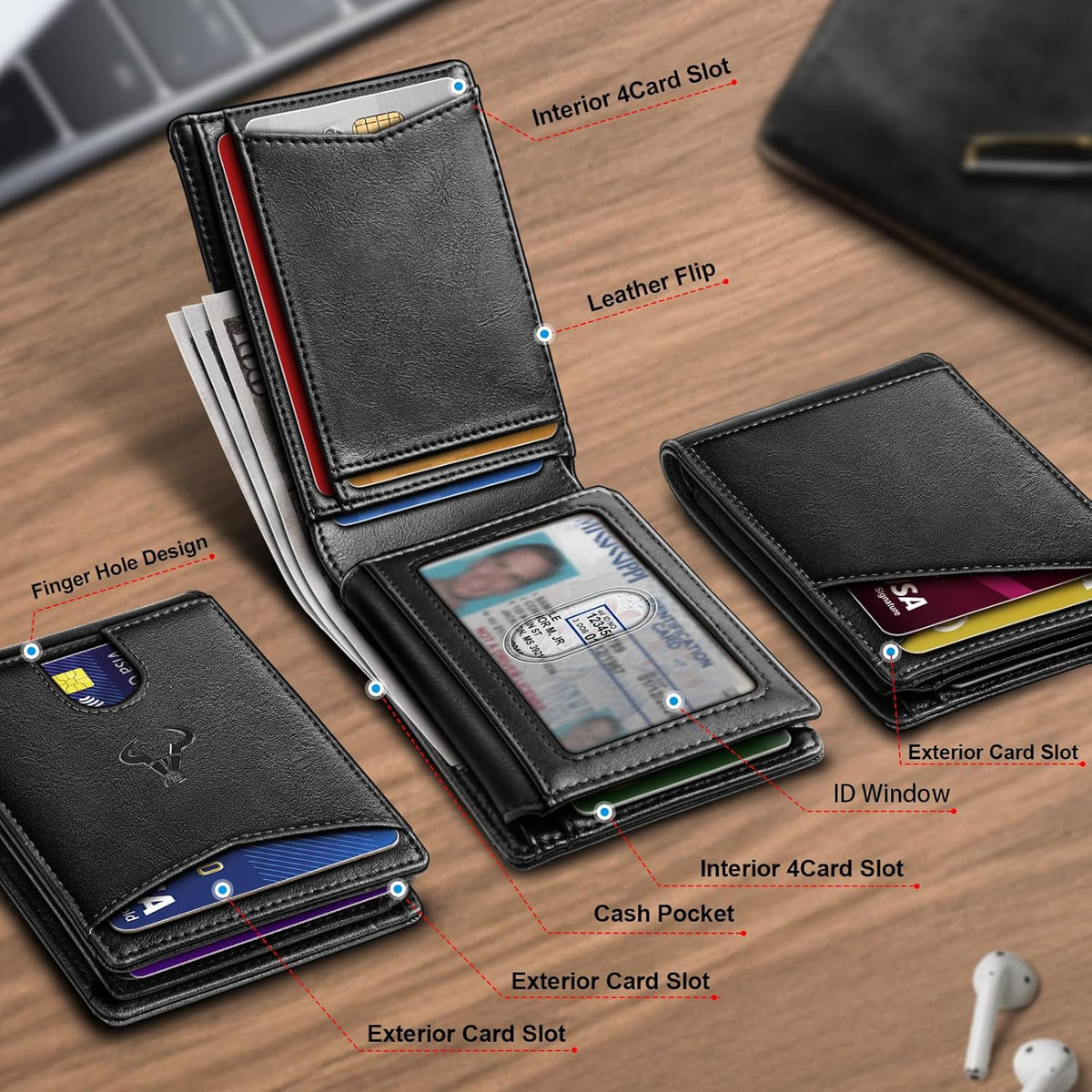 BULLIANT Men Wallet, Slim Leather Wallet Front Pocket Card Holder Gift For Men 11 Slots RFID Blocking