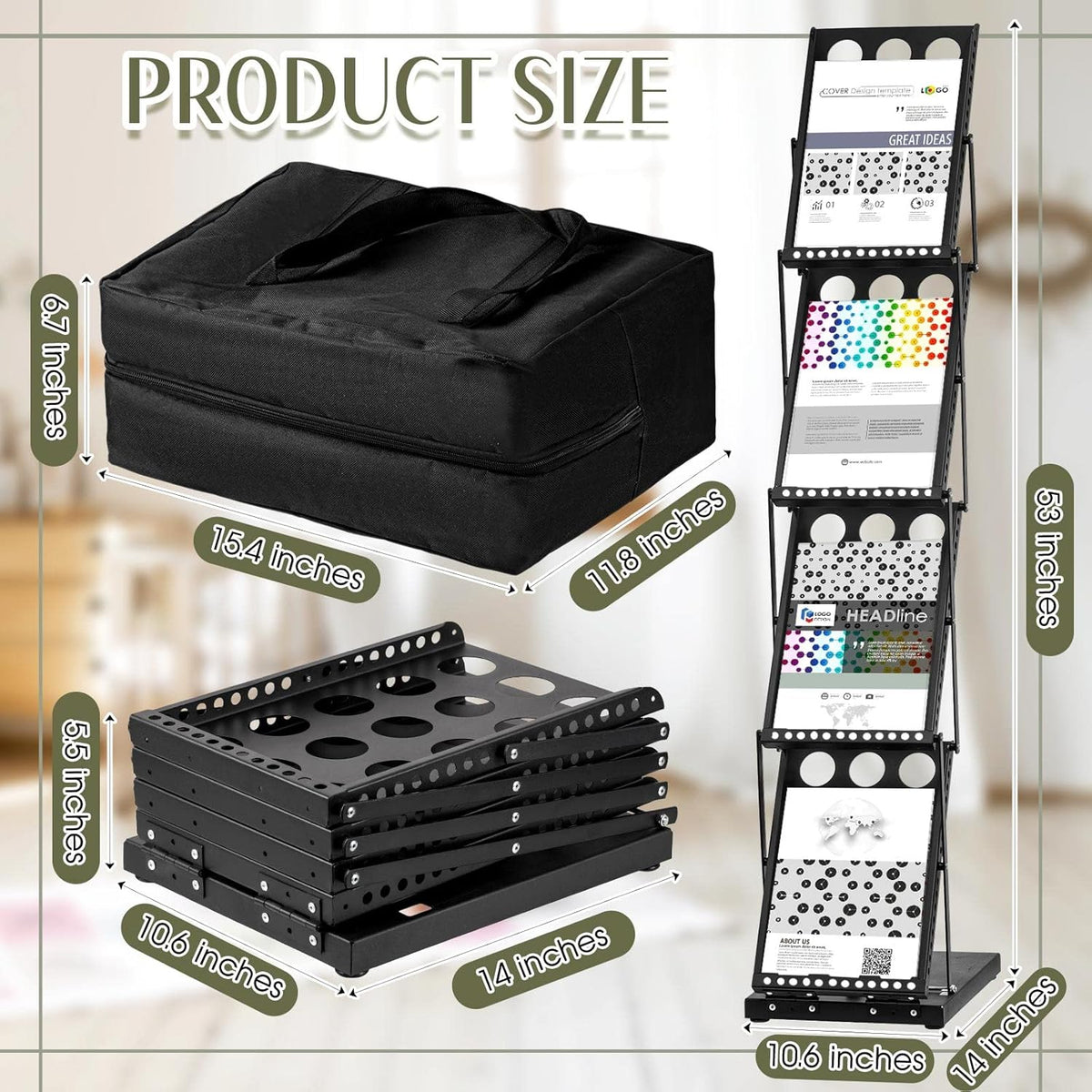Tatuo 1 Piece Foldable Magazine Rack Metal Catalog Literature Rack Portable 4 Pockets with Carrying Bag Brochure Stand Literature Display Holder Stand for Exhibition Trade Show