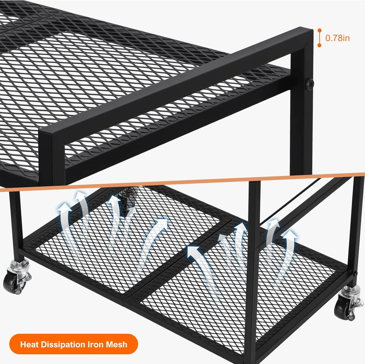 YBING Computer Tower Stand, PC Tower Stand Metal Mobile CPU Holder Stand Cart with Caster Wheels 2 Tier Rolling Printer Cart Under Desk for Fax Home Office Black