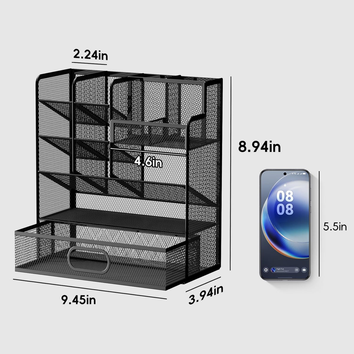 Mesh Pen Organizer for Desk, Multi-Functional Pencil Holder with Drawer Desk Organizers, Large Capacity Storage for School Office Home Supplies (Black)