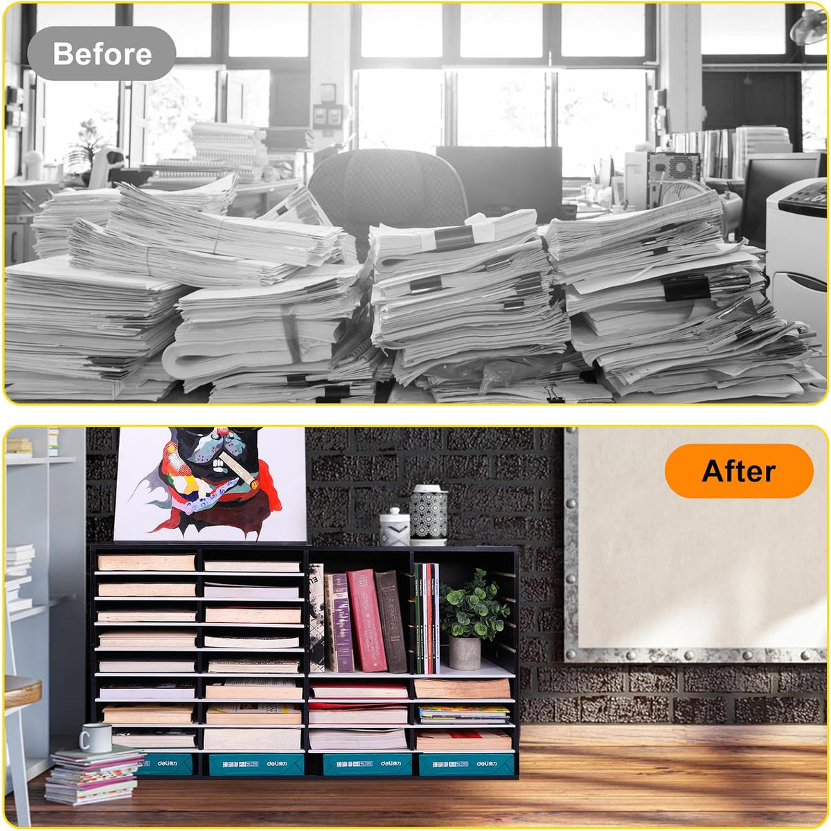 EasyPAG Mail Organizer Countertop, Wood Literature Organizer with Adjustable Shelves, Student Classroom Mailbox for School, Desktop Paper Sorter for Office Home, 36 Compartments, Black/White