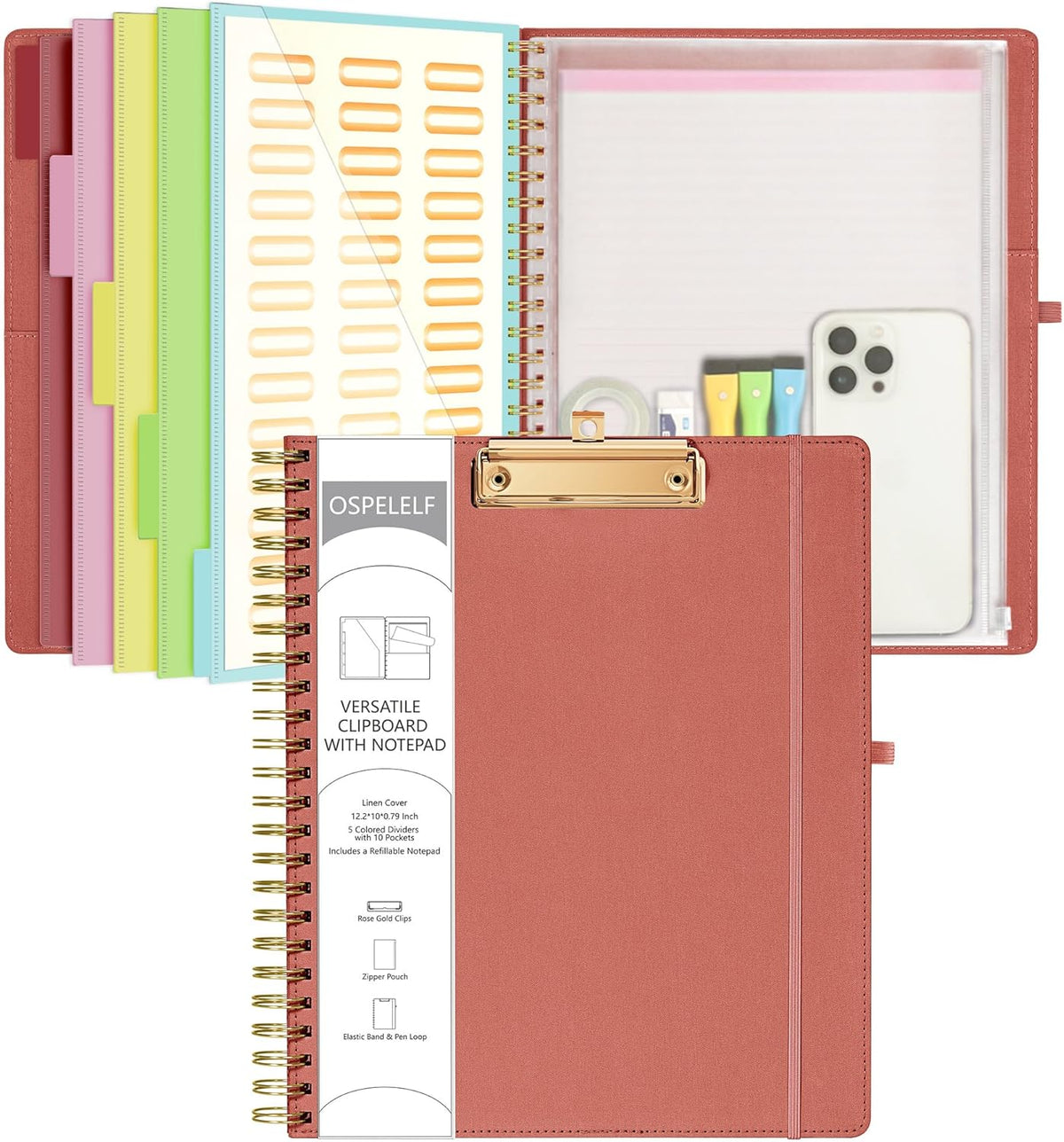 Ospelelf Red Foldable Spiral Clipboard Folio with Storage Zipper Pouch, 5 Plastic Folders with 10 Pockets, Refillable Lined Notepad (11" x 8.5"), Linen Hardcover Project Organizer