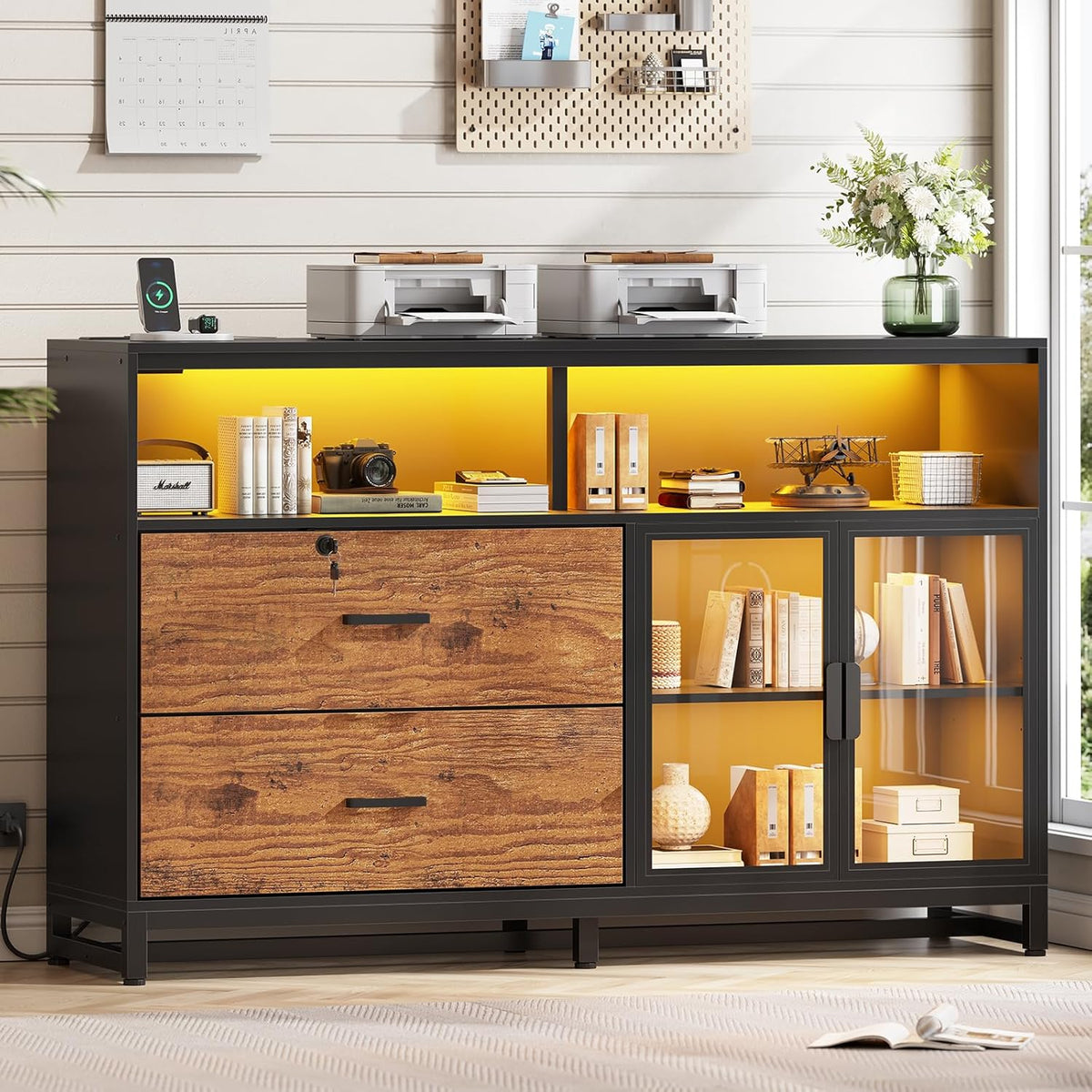 SEDETA 59" File Cabinet, 2 Drawers Filing Cabinets for Home Office fit Legal/Letter/A4 File, File Cabinet with Lock & Power Outlets, Printer Stand with Storage & LED Lights, Rustic Brown