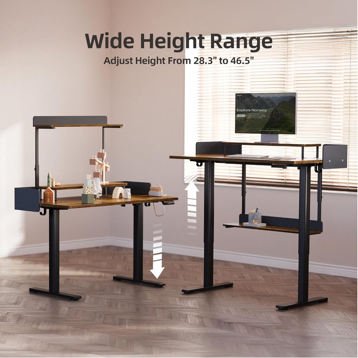 Claiks Electric Standing Desk with Removable Shelves, 55 x 24 Inches Height Adjustable Desk, Stand Up Monitor Stand Desk for Computer Workstation, Rustic Brown
