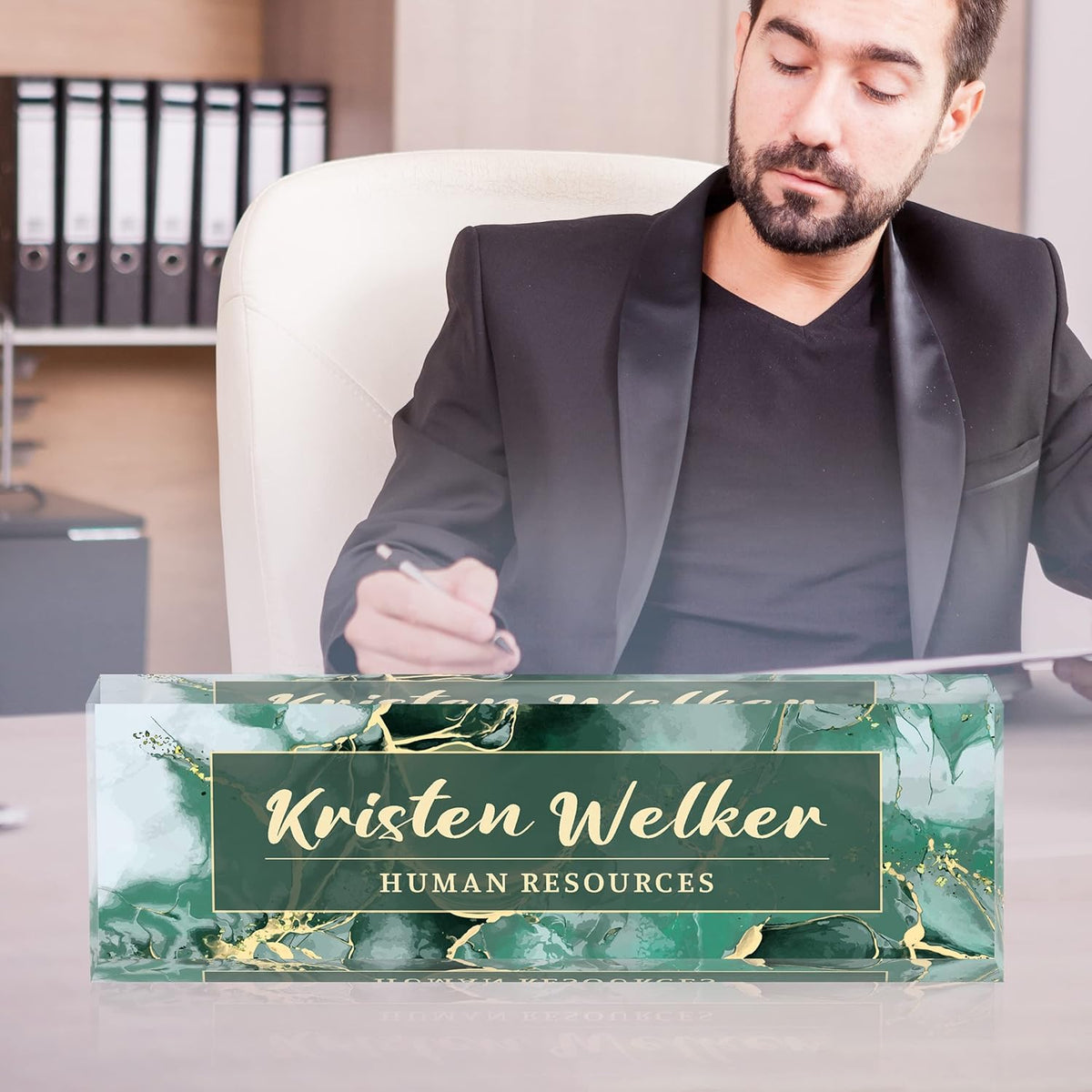 Desk Name Plate Personalized, Premium Green Phnom Penh Marble Acrylic Desk Name Plate, Personalized Name Plate for Desk, Office Decor for Women or Men Coworkers, Boss, Employee, Teacher