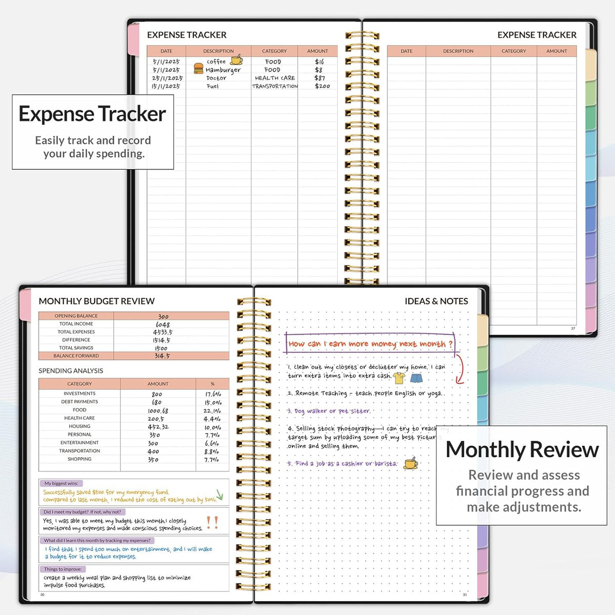 SUNEE Budget Planner - Monthly Budget Book with Expense Tracker Notebook, Undated 12 Month Bill Organizer & Finance Planner to Manage Your Money, A5(6.4" x 8.3") Account Book with Colorful Tab, Black