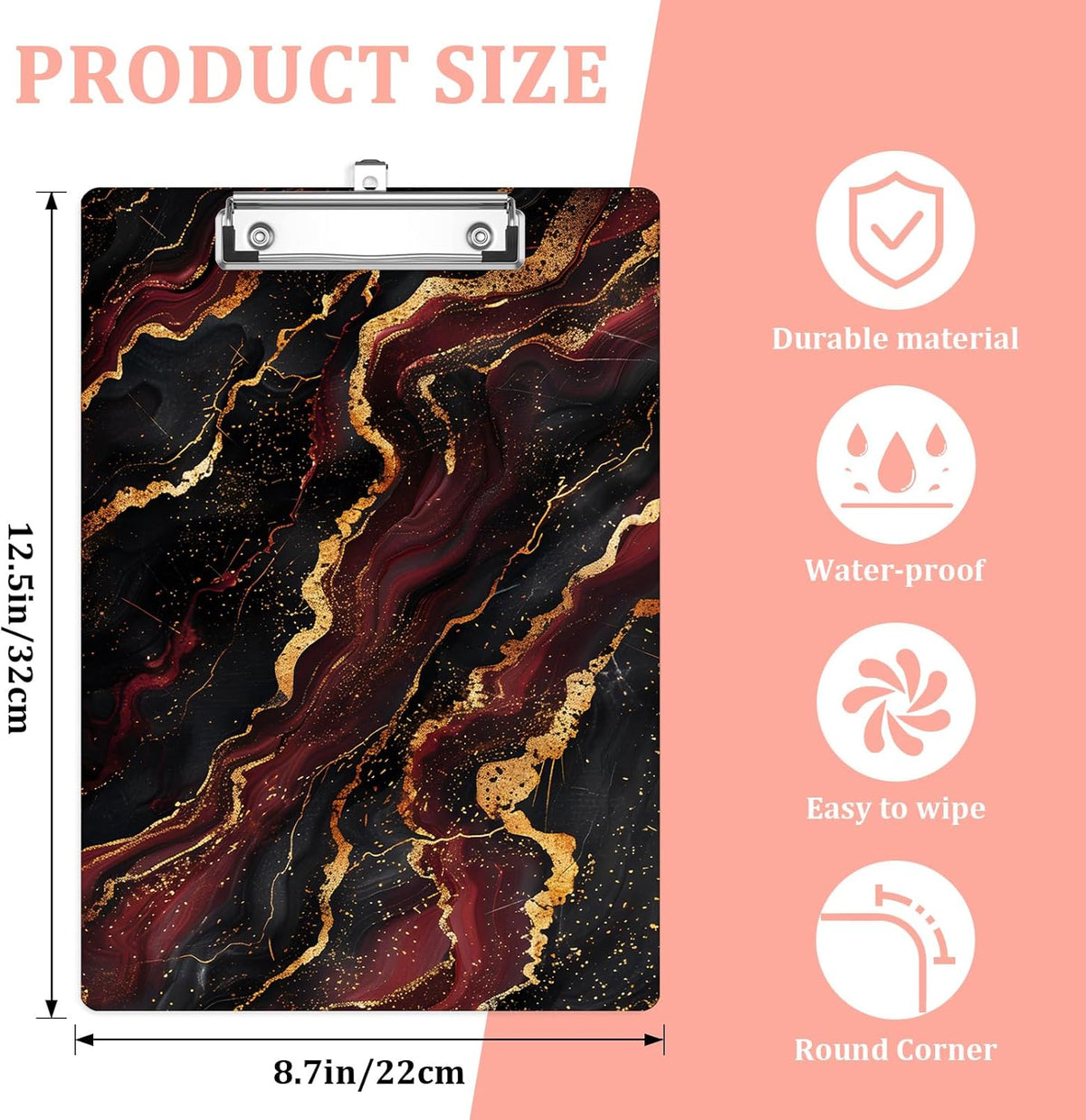 Red Marble Plastic Clipboards,Cute Fashion Clipboard Decorative 8.5" x 12.5"Standard A4 Size Clipboards,Acrylic Clipboard for Teacher,Social Worker,Students,Nurse,Office Supplies