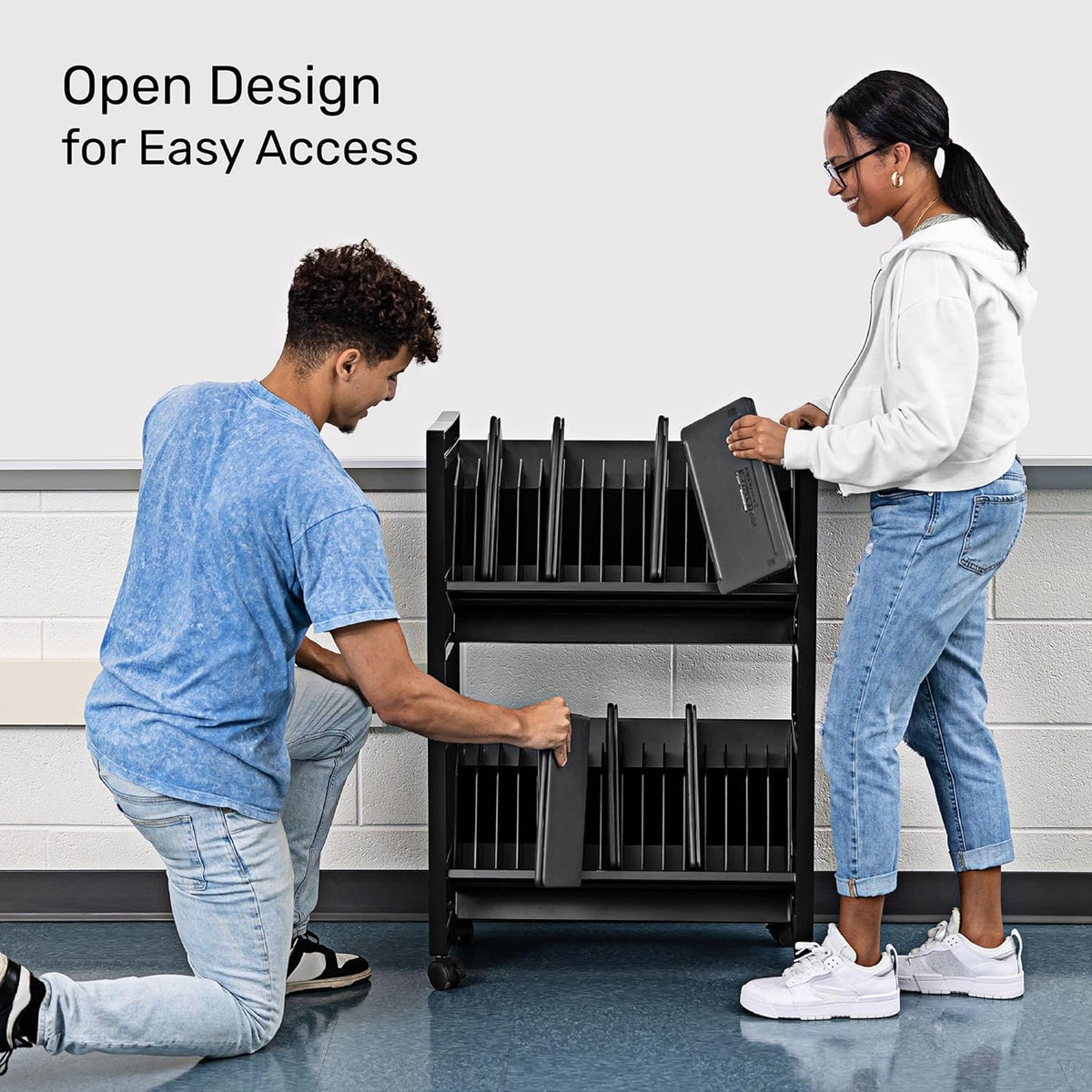 Line Leader 32-Device Mobile Charging Station | Steel Rolling Cart for Laptops, Tablets, & Chromebooks | Open Design with Dividers & UL-Certified Surge Protection | Portable Charging Stand (Black)