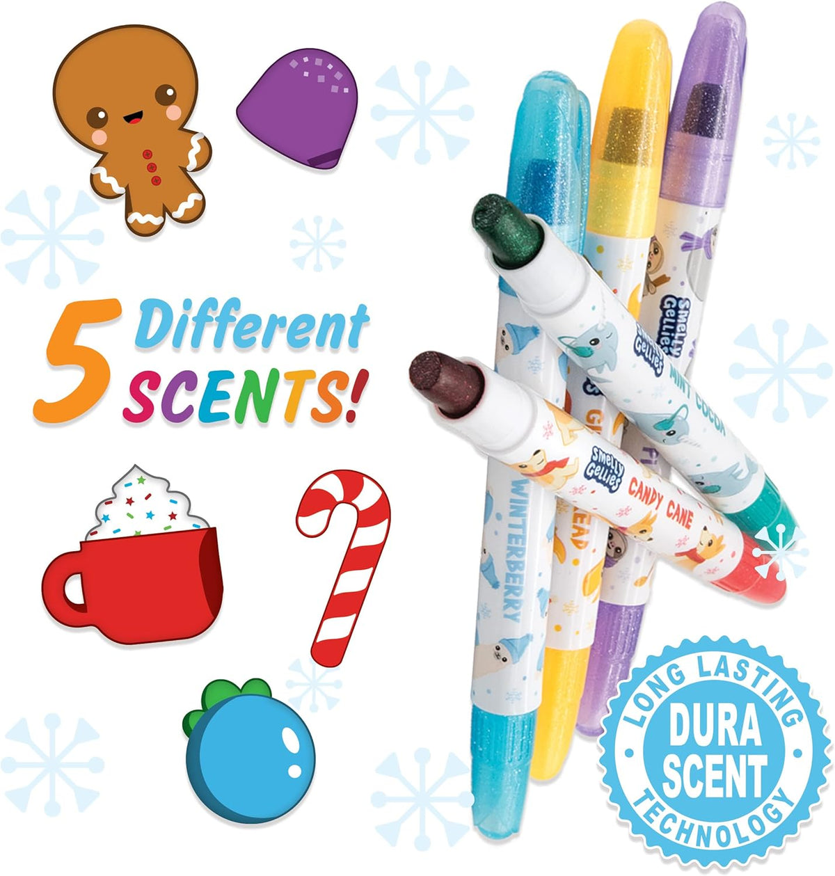 Holiday Smelly Gellies - Patented Gourmet Scented Glidewrite Glitter Gel Coloring Sticks, Crayons, Highlighters - 5 Count - Gifts for Kids, Stocking Stuffer