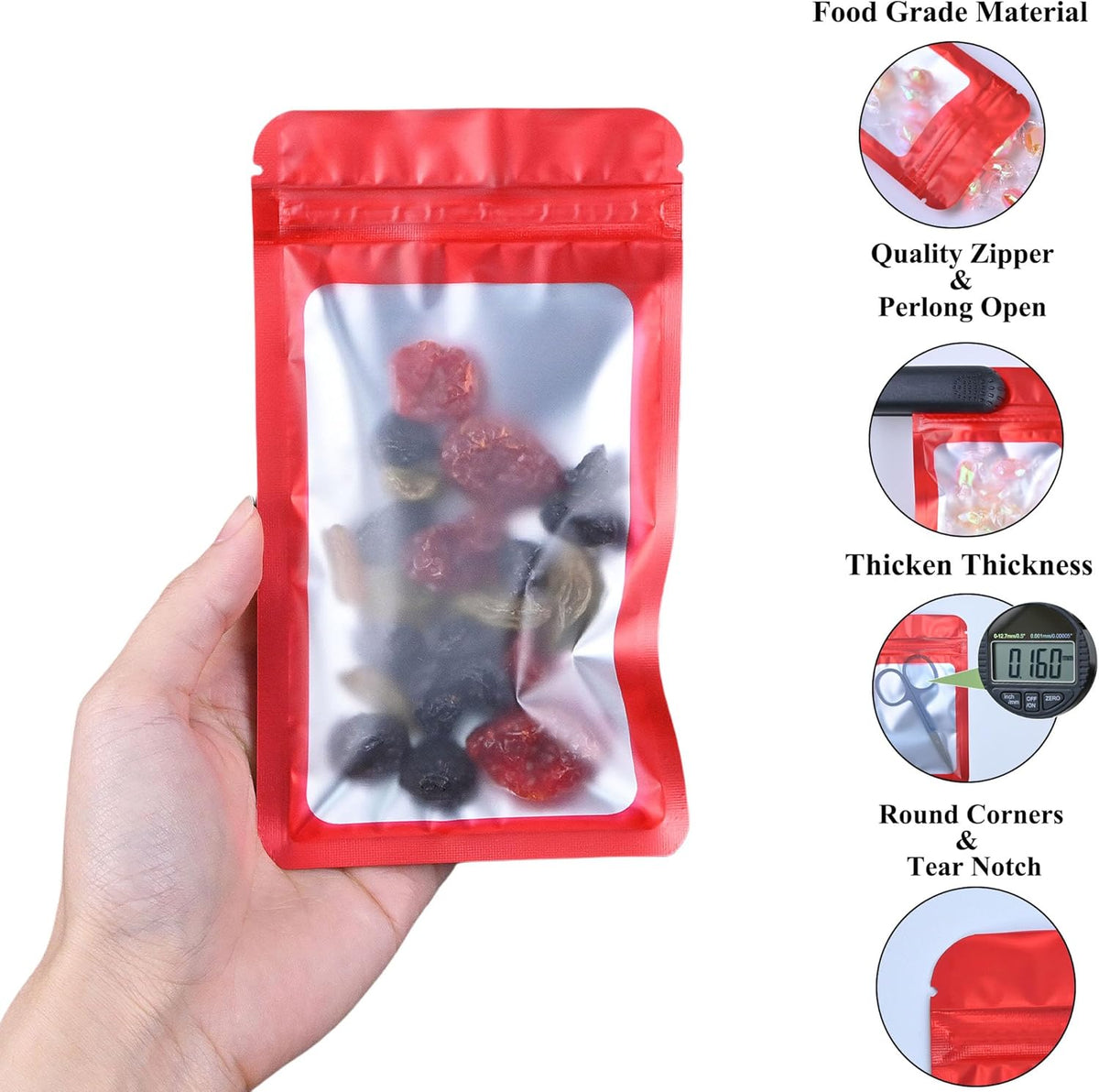 Resealable Mylar Pouch Bag Great for Office Home Party Favor Food Storage (100PCS, Red Color, 3.5 x 6.3 inch)