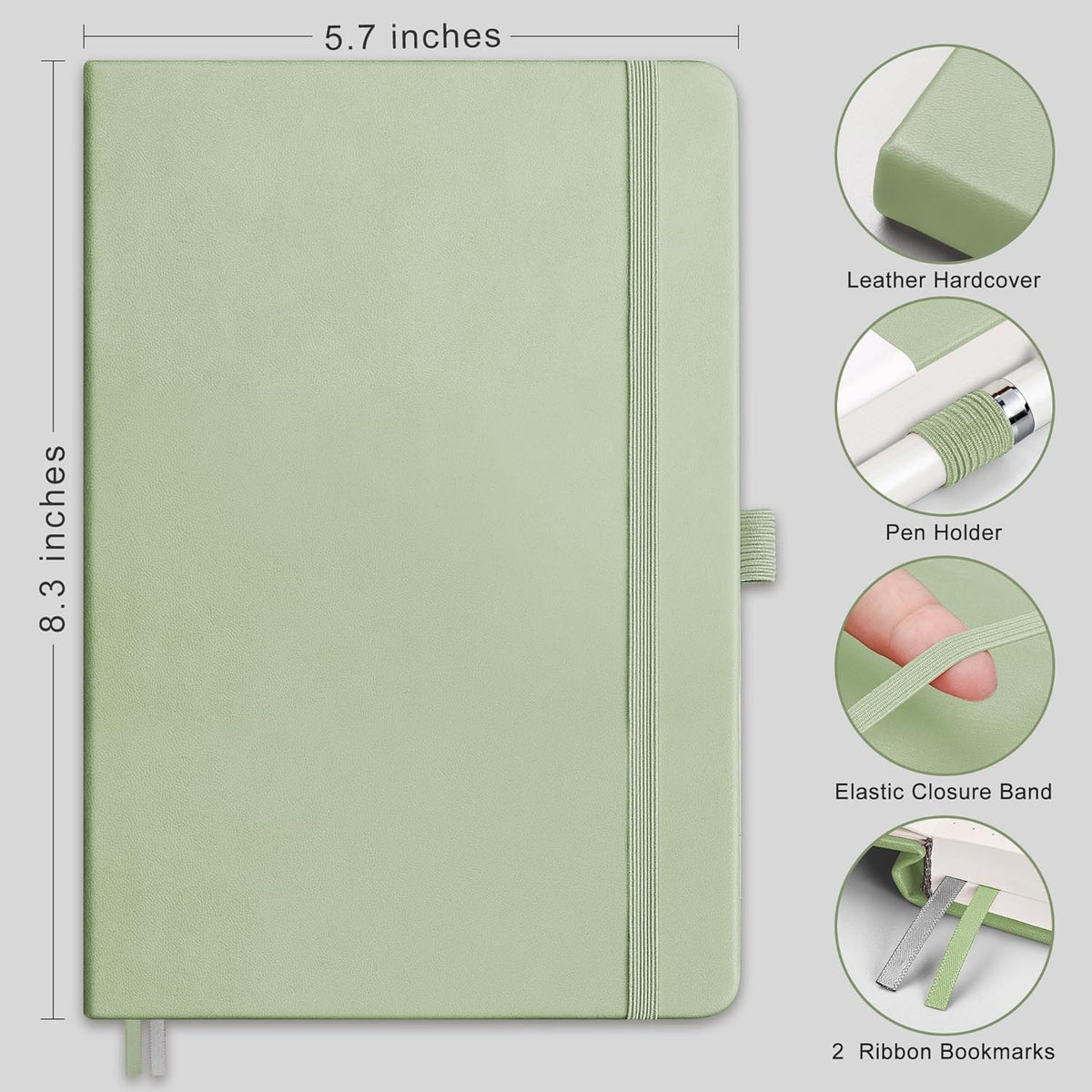 RETTACY Bullet Dotted Journal Notebook, 192 Pages, A5 Medium Size (5.7'' x 8.3''), Leather Hardcover, 100 GSM Thick Paper, for Bullet Journaling, Planning, Tracking (Light Green)