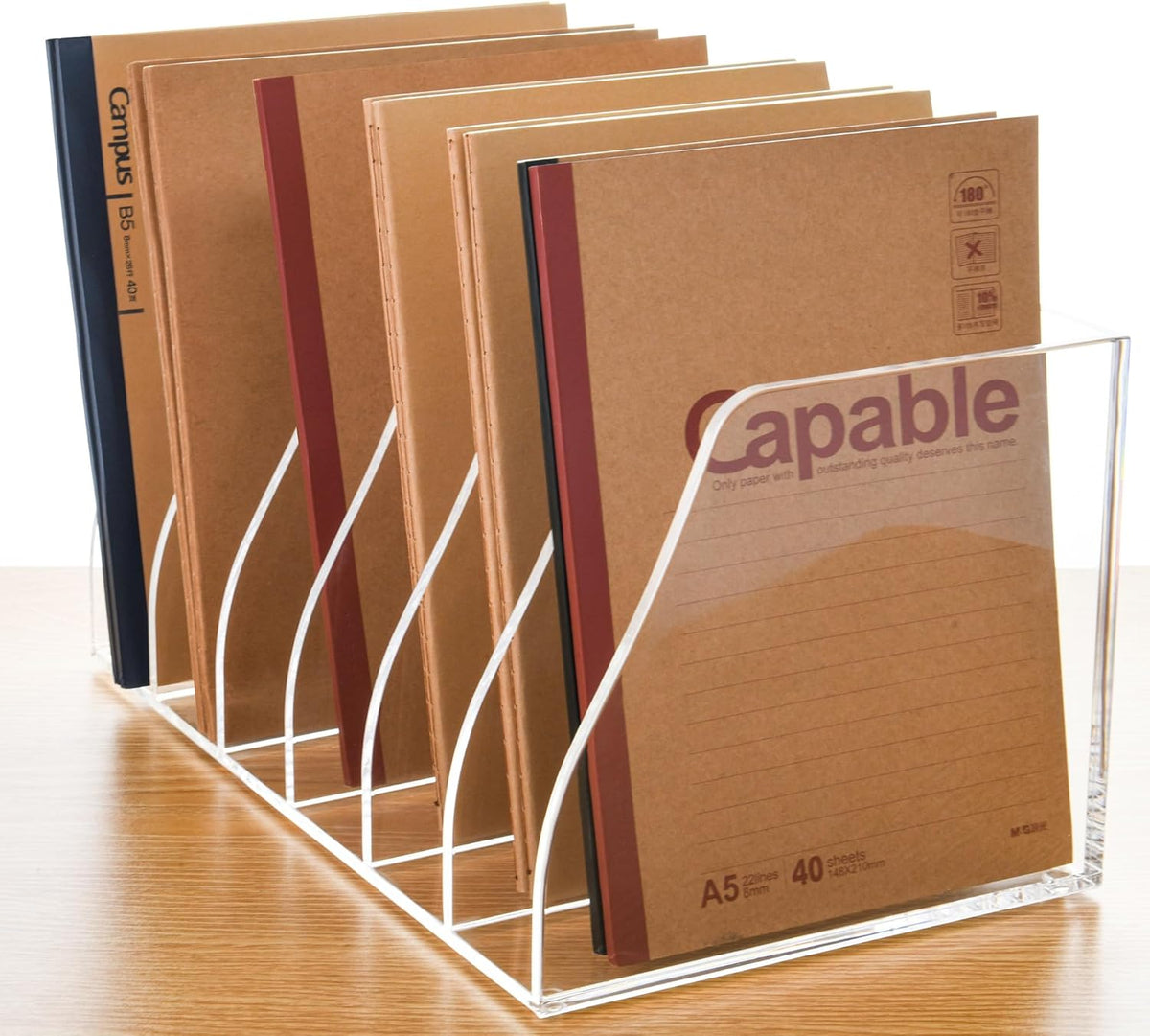 Acrylic Magazine File Holder, 6 Vertical Compartments Desk Document Sorter Organizer, Clear Folder Rack Binder for Office/Home/Classroom, for Documents, Tablet, Magazines, Books & Accessories