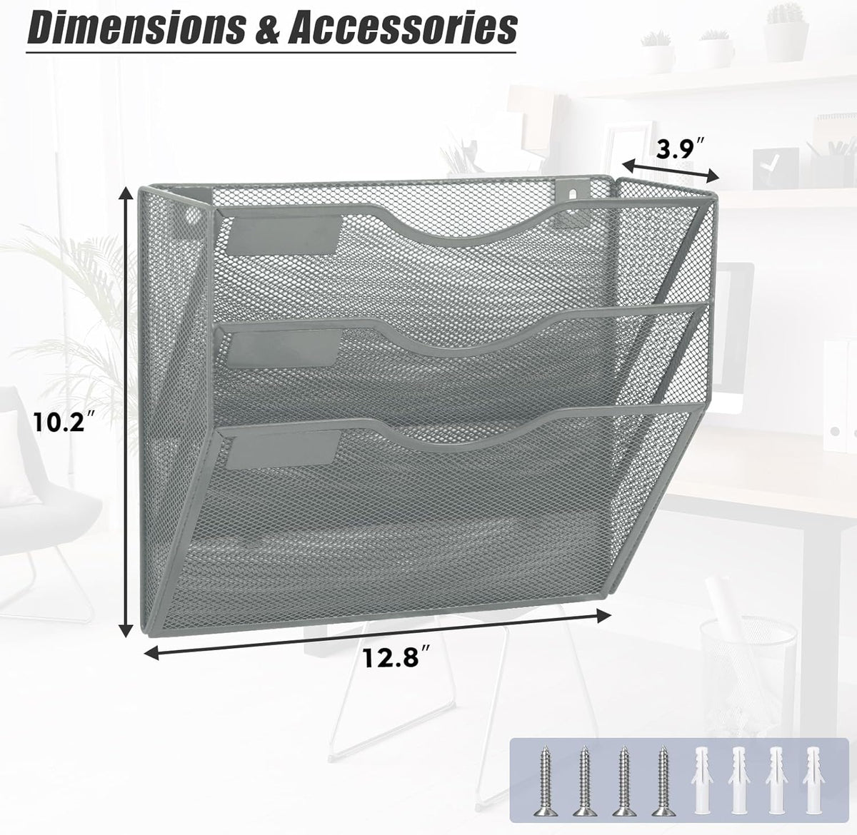EASEPRES 3 Pocket Mesh Hanging Wall File Organizer, Wall Mounted Mail Paper Document Folder Holder, Clipboard Storage Organization Magazine Rack with Nametag Label for Office Home School, Gray