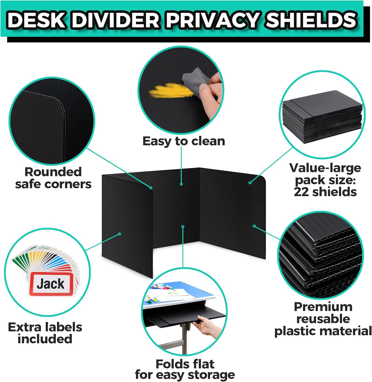 22-Pack Desk Dividers for Students - Durable & Waterproof Plastic Study Carrel Divider, Classroom Folders Teacher Supplies, Easy-to-Clean Plastic Privacy Shield Folder Boards for Student Desks, Black