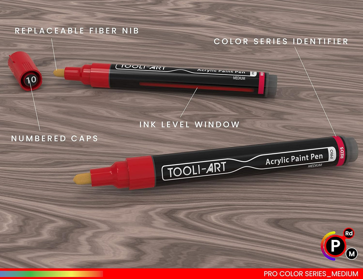 TOOLI-ART 22 Acrylic Paint Markers Paint Pens Pro Color Series Set 3mm Medium Tip for Rock Painting, Glass, Mugs, Wood, Metal, Glass Paint, Canvas, DIY. Non Toxic, Waterbased, Quick Drying (REDS)