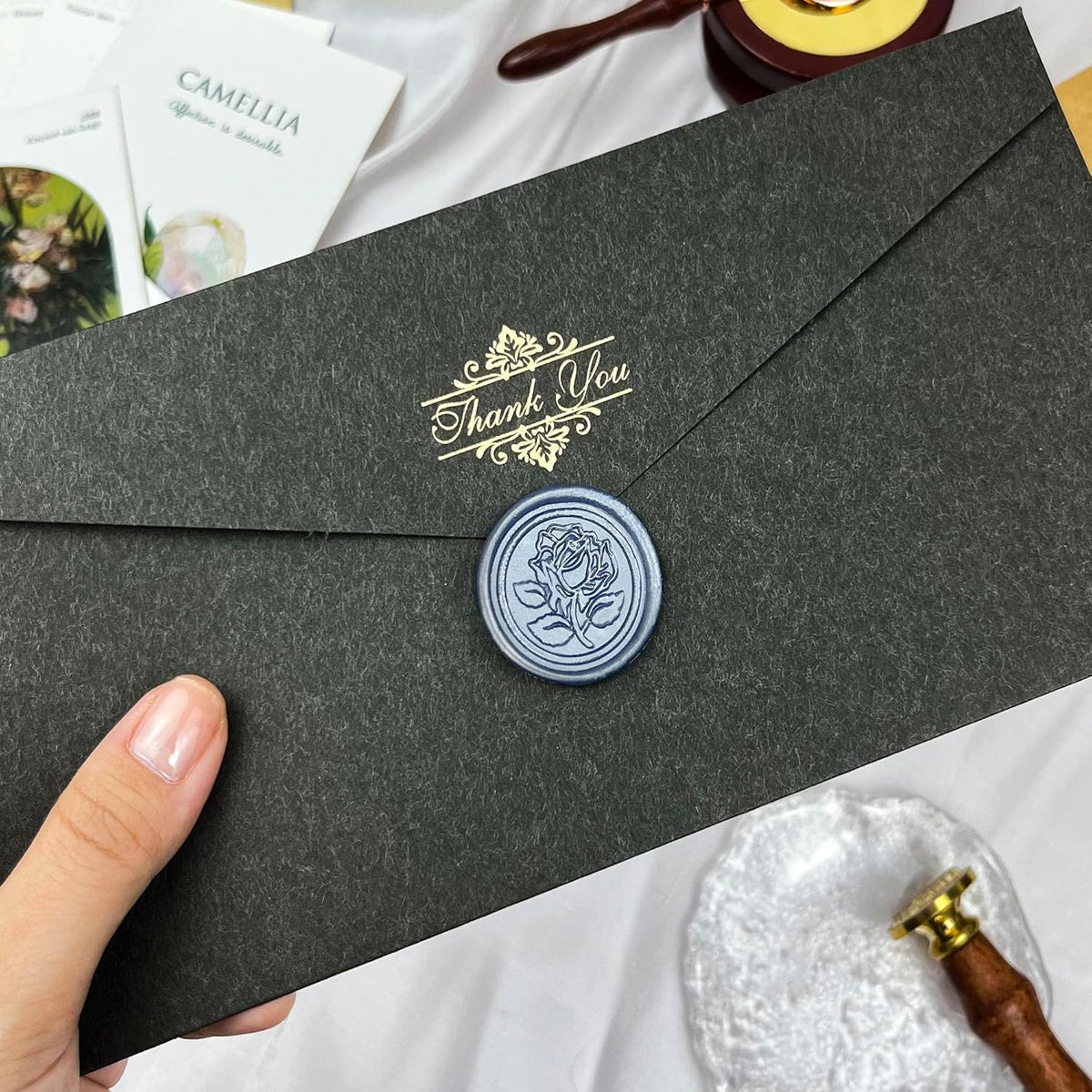 50Pcs Wax Seal Stickers Handmade Envelope Seals Self Adhesive Wax Stickers for Wedding Party Invitations, Envelope, Gift Wrap, Christmas(Rose Style, Gray Blue)
