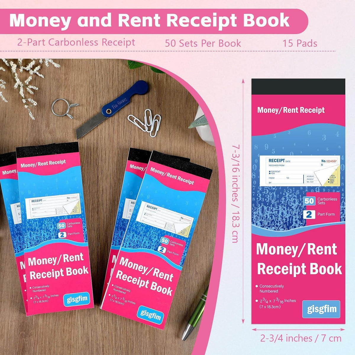 gisgfim 15 Pads Receipt Book with Carbon Copies Money and Rent Receipt Book 2 Part Carbonless Bound Wraparound Cover Petty Cash Business Invoice Book for Small Business 2-3/4 x 7-3/16Inch 50 Set/Book