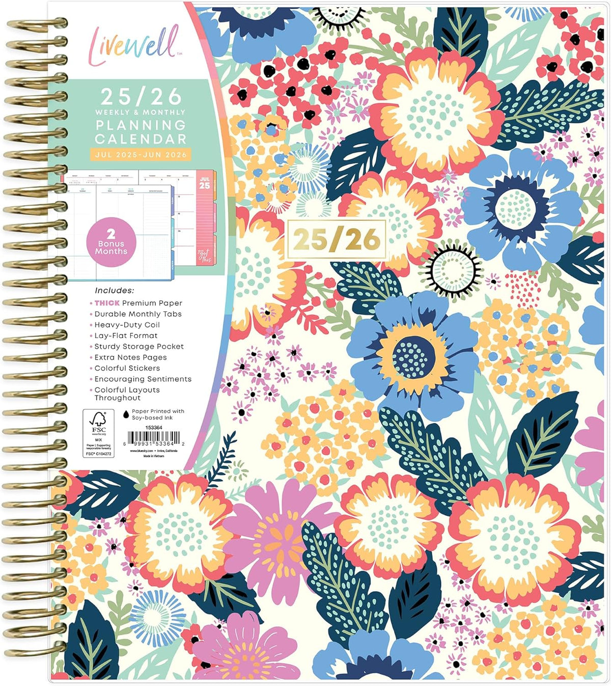 Blue Sky LiveWell 2025-2026 Academic Year Weekly and Monthly Planner Calendar, July 2025 - June 2026, 12-Month, 7" x 9",Flexible Cover, Wirebound, Laminated Tabs, Storage Pocket, Stickers, Charmie