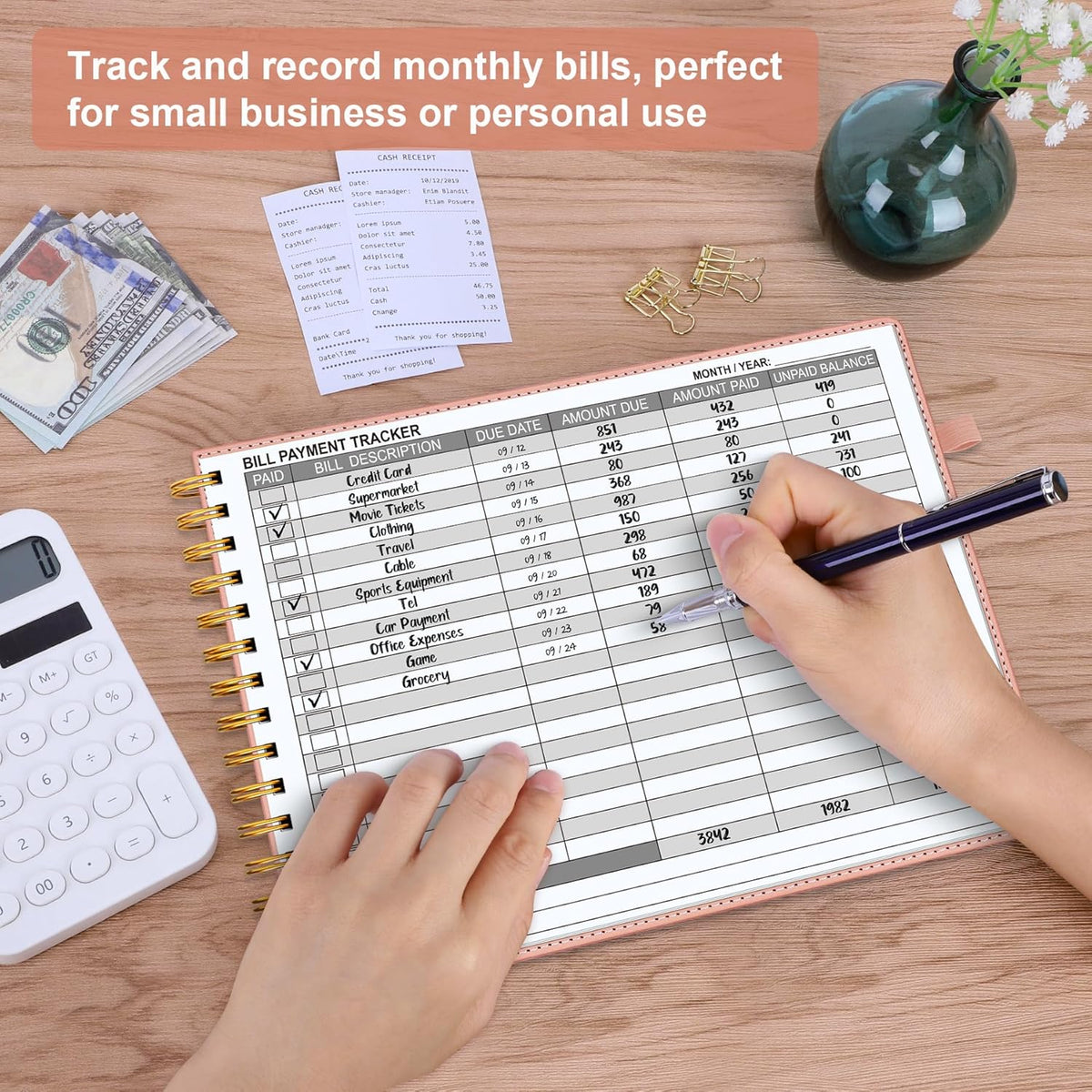 HAUTOCO Hardcover Bill Tracker Notebook Horizontal Monthly Bill Payment Organizer for Personal Budgeting Home Finance with 2 Storage Pocket Expense Checklist Tracking Planner 10.78 x 8'', Pink