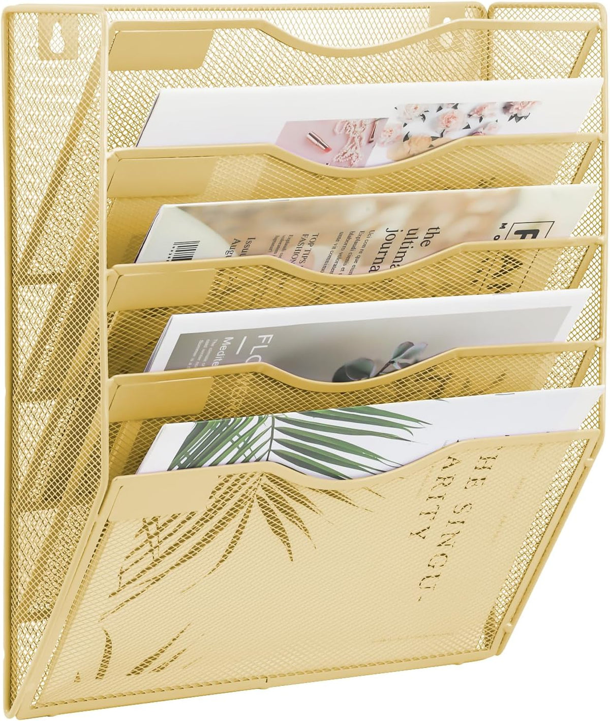 EASEPRES 5 Pocket Mesh Hanging Wall File Organizer, Wall Mounted Mail Paper Document Folder Holder, Clipboard Storage Organization Magazine Rack with Nametag Label for Office Home School, Gold