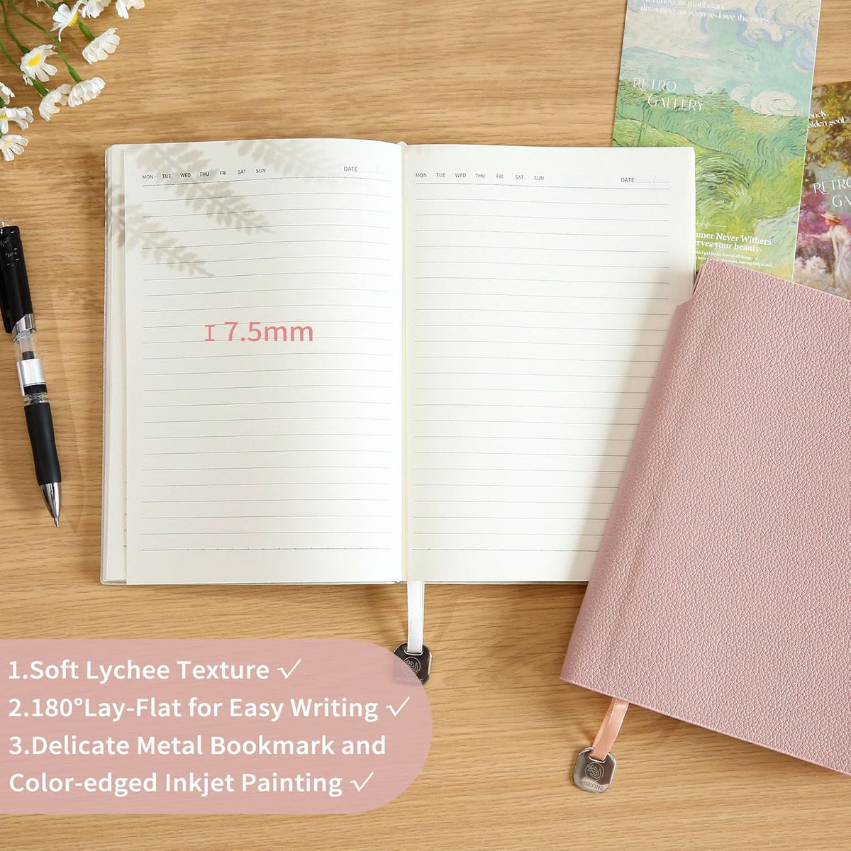 Lined Journal Notebook for Women A5 Softcover PU Leather Journals for Writing, 160 Pages Daily Journaling, College Ruled Notebooks for Work School, Business 6.38'' X 8.28'' Pink